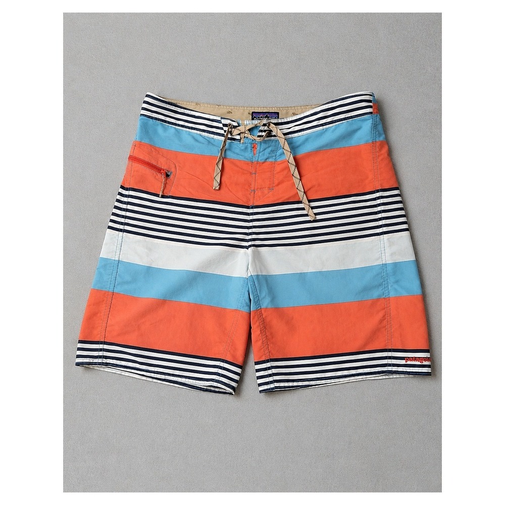 Patagonia Men's 34 Wavefarer Board Shorts Striped Orange Blue Swim Trunks 21"
